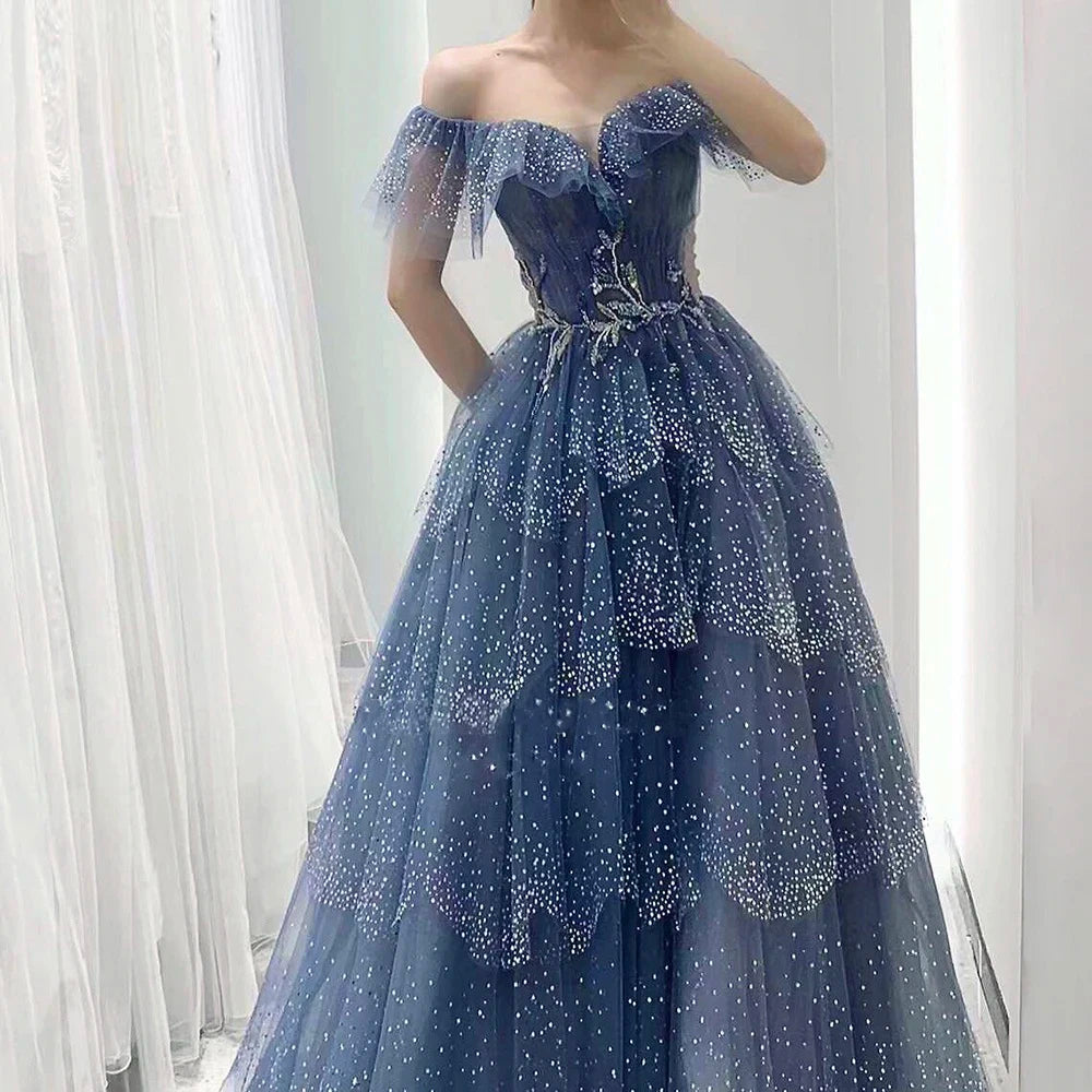 Elegant Evening Dress for Women 2025 Luxury Off the Shoulder Beads Tiered Ruffles Formal Prom Wedding Party Gowns Customized