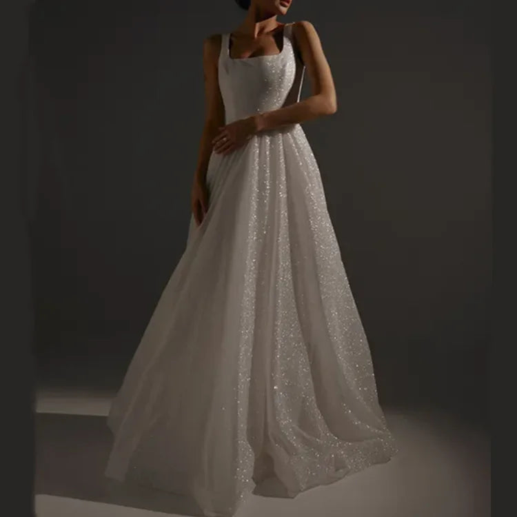 Modern Elegant Women's Sleeveless Wedding Dress High Quality Small Tail Sequined Bling A-Line Floor-Length Lace-up Back Design