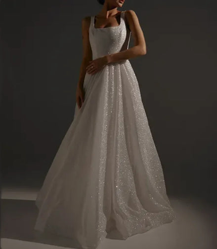 Modern Elegant Women's Sleeveless Wedding Dress High Quality Small Tail Sequined Bling A-Line Floor-Length Lace-up Back Design