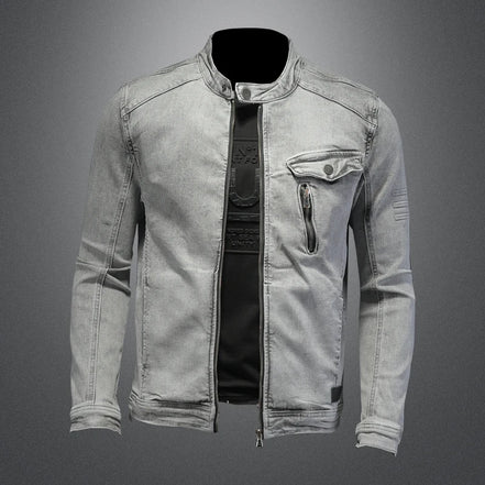 Men Moto Biker Streetwear Denim Jackets Men Vintage Grey Bomber Jacket Outwear Male Casual Cotton Stand Collar Denim Coats
