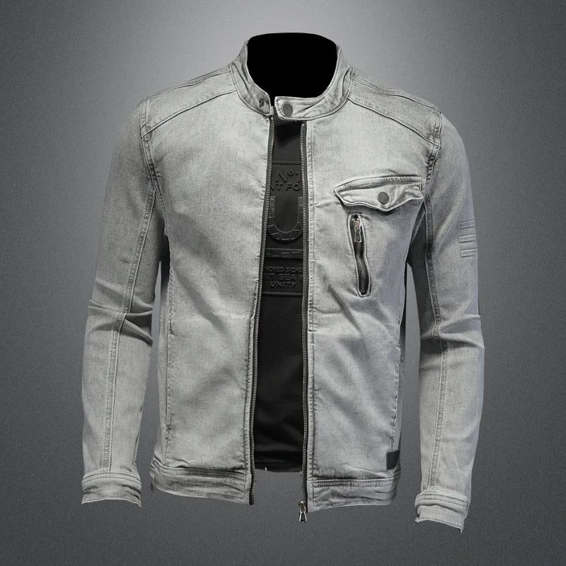 Men Moto Biker Streetwear Denim Jackets Men Vintage Grey Bomber Jacket Outwear Male Casual Cotton Stand Collar Denim Coats