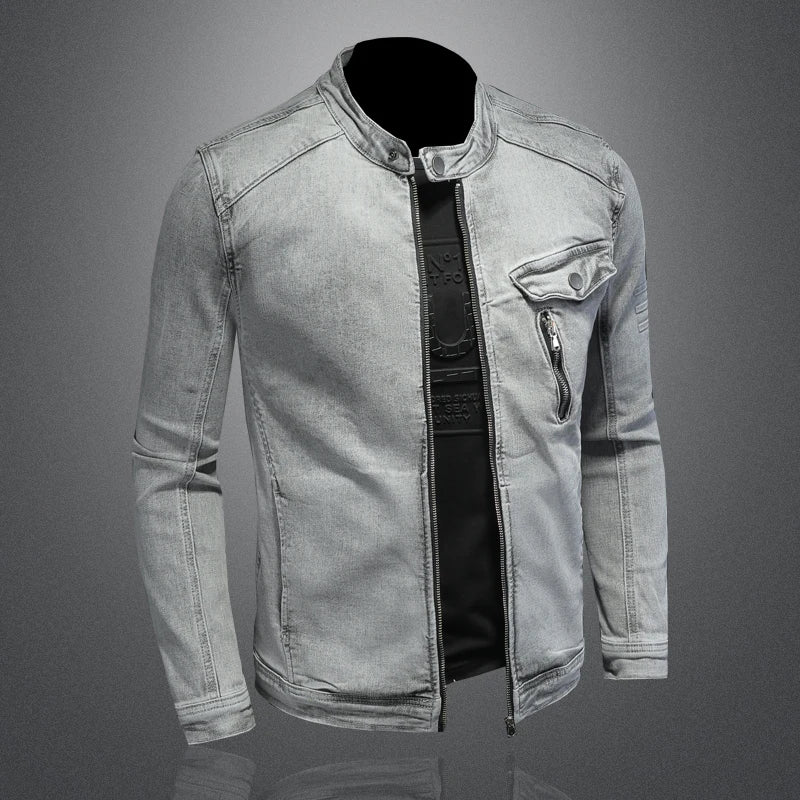 Men Moto Biker Streetwear Denim Jackets Men Vintage Grey Bomber Jacket Outwear Male Casual Cotton Stand Collar Denim Coats