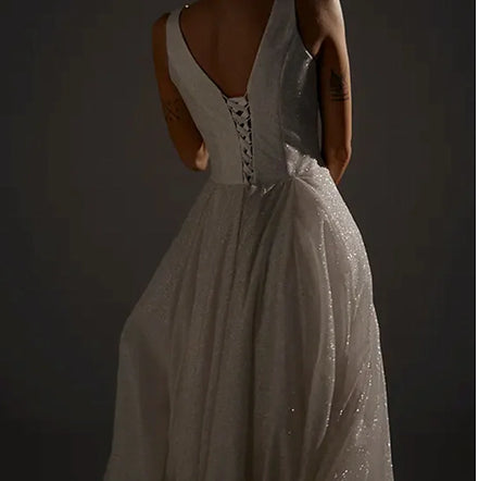 Modern Elegant Women's Sleeveless Wedding Dress High Quality Small Tail Sequined Bling A-Line Floor-Length Lace-up Back Design