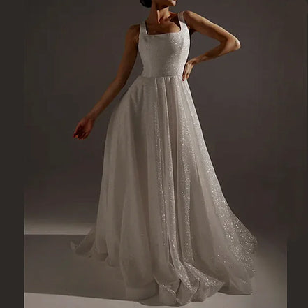 Modern Elegant Women's Sleeveless Wedding Dress High Quality Small Tail Sequined Bling A-Line Floor-Length Lace-up Back Design