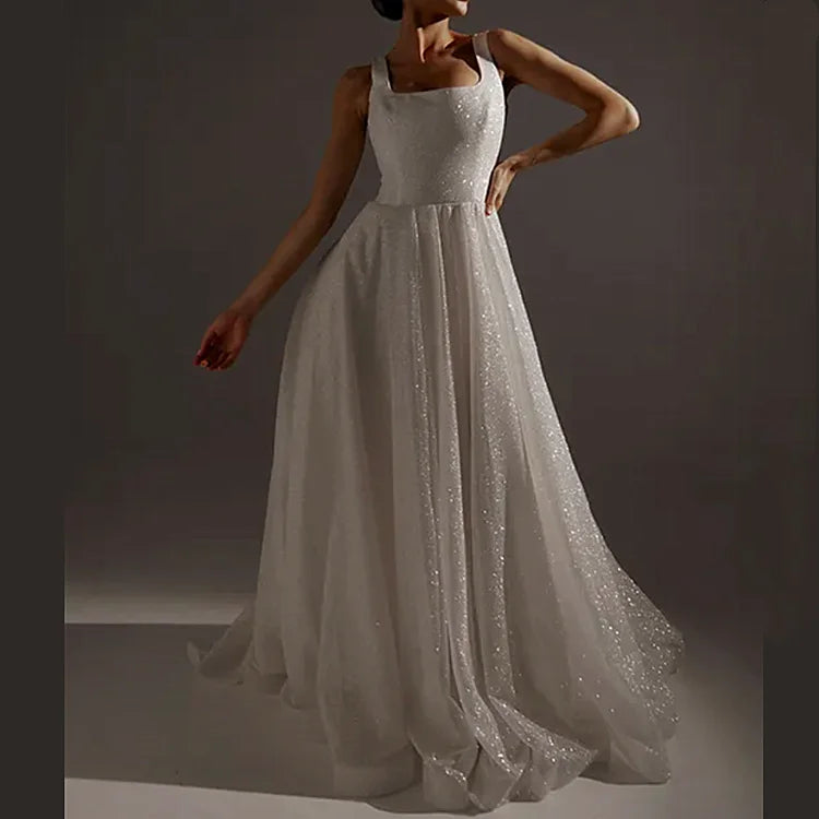 Modern Elegant Women's Sleeveless Wedding Dress High Quality Small Tail Sequined Bling A-Line Floor-Length Lace-up Back Design