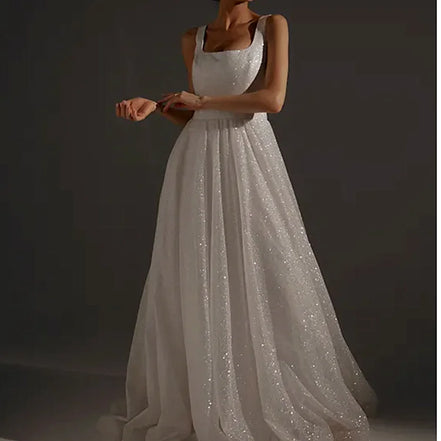 Modern Elegant Women's Sleeveless Wedding Dress High Quality Small Tail Sequined Bling A-Line Floor-Length Lace-up Back Design