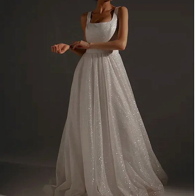 Modern Elegant Women's Sleeveless Wedding Dress High Quality Small Tail Sequined Bling A-Line Floor-Length Lace-up Back Design