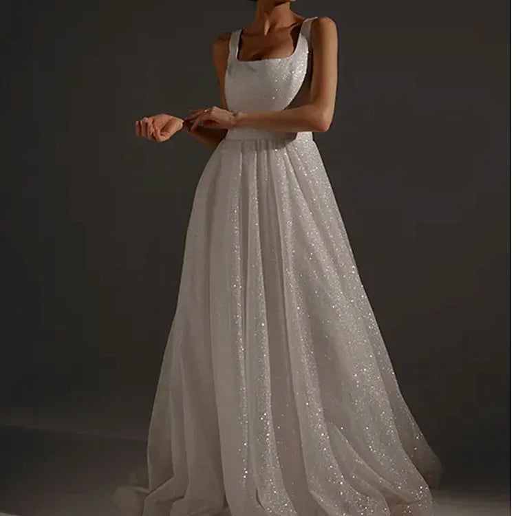 Modern Elegant Women's Sleeveless Wedding Dress High Quality Small Tail Sequined Bling A-Line Floor-Length Lace-up Back Design