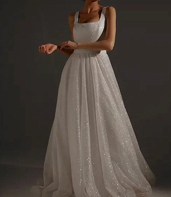 Modern Elegant Women's Sleeveless Wedding Dress High Quality Small Tail Sequined Bling A-Line Floor-Length Lace-up Back Design