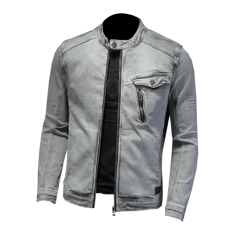 Men Moto Biker Streetwear Denim Jackets Men Vintage Grey Bomber Jacket Outwear Male Casual Cotton Stand Collar Denim Coats