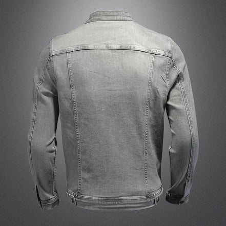 Men Moto Biker Streetwear Denim Jackets Men Vintage Grey Bomber Jacket Outwear Male Casual Cotton Stand Collar Denim Coats
