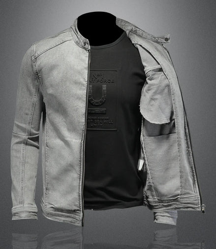 Men Moto Biker Streetwear Denim Jackets Men Vintage Grey Bomber Jacket Outwear Male Casual Cotton Stand Collar Denim Coats