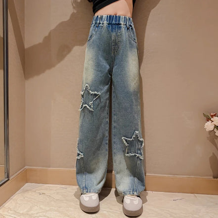 High Waist Jeans Girl Straight Loose Wide-leg Pants Spring and Autumn Korean Vintage Jeans Fashion Kids Denim Trousers For Teens