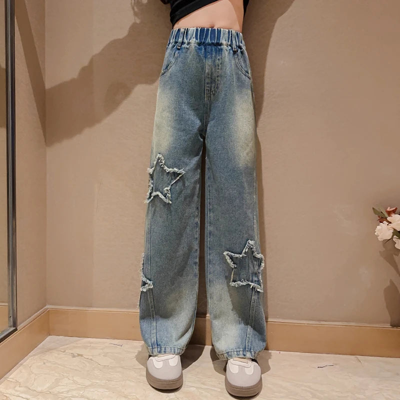 High Waist Jeans Girl Straight Loose Wide-leg Pants Spring and Autumn Korean Vintage Jeans Fashion Kids Denim Trousers For Teens