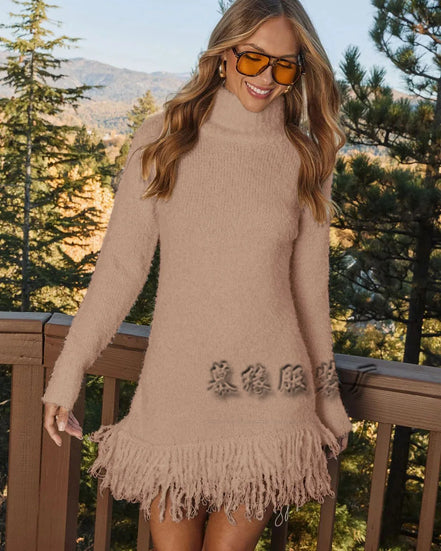 Mini Sweaters Dresses Women Pullovers Turtleneck Tassel Full Sleeve Jumpers Y2k Streetwear Elegant Knit Dress Autumn Winter