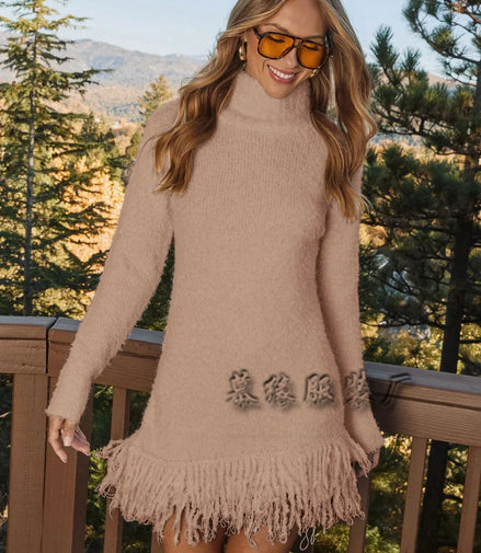 Mini Sweaters Dresses Women Pullovers Turtleneck Tassel Full Sleeve Jumpers Y2k Streetwear Elegant Knit Dress Autumn Winter