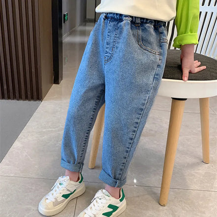 High Waist Jeans Girl Straight Loose Long Pants Spring and Autumn Print Jeans Fashion Kids Denim Trousers For 2-8 Years