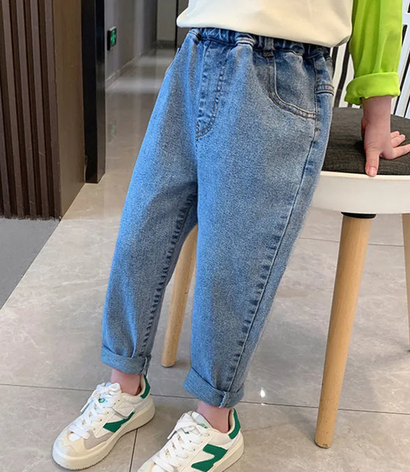 High Waist Jeans Girl Straight Loose Long Pants Spring and Autumn Print Jeans Fashion Kids Denim Trousers For 2-8 Years