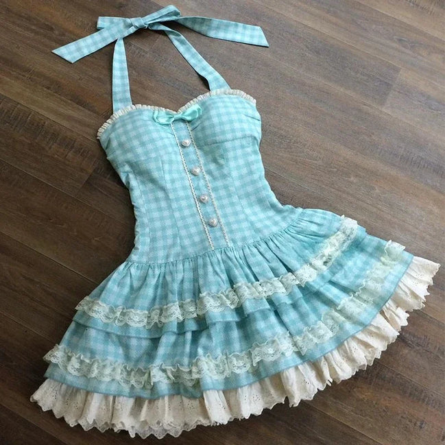 French Style Sweet Halter Dresses for Women Red Plaid Retro Princess Vestidos Mujer Summer Lolita Kawaii Elegant Party Dress