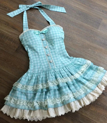 French Style Sweet Halter Dresses for Women Red Plaid Retro Princess Vestidos Mujer Summer Lolita Kawaii Elegant Party Dress