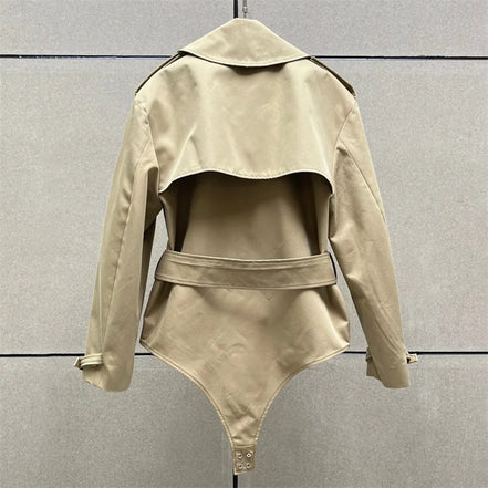 Women's jacket New outerwears summer 2025 double breasted lapel long sleeved top Belt slimming women's jumpsuit Pure cotton coat