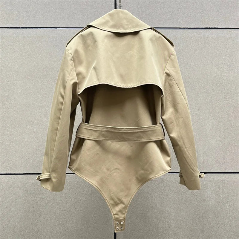 Women's jacket New outerwears summer 2025 double breasted lapel long sleeved top Belt slimming women's jumpsuit Pure cotton coat