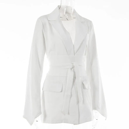Elegant Trousers Suit Women Slim V-neck Pockets Blazer Full Sleeve Belt Straight Pants Sets Female Solid Sets Lady Spring Autumn
