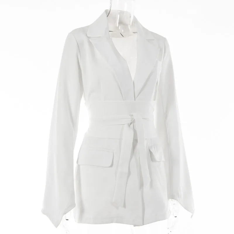 Elegant Trousers Suit Women Slim V-neck Pockets Blazer Full Sleeve Belt Straight Pants Sets Female Solid Sets Lady Spring Autumn