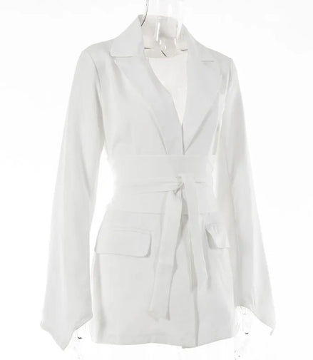 Elegant Trousers Suit Women Slim V-neck Pockets Blazer Full Sleeve Belt Straight Pants Sets Female Solid Sets Lady Spring Autumn