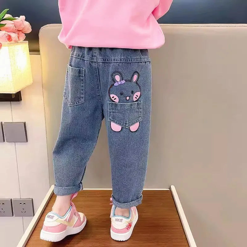 High Waist Jeans Girl Straight Loose Long Pants Spring and Autumn Print Jeans Fashion Kids Denim Trousers For 2-8 Years
