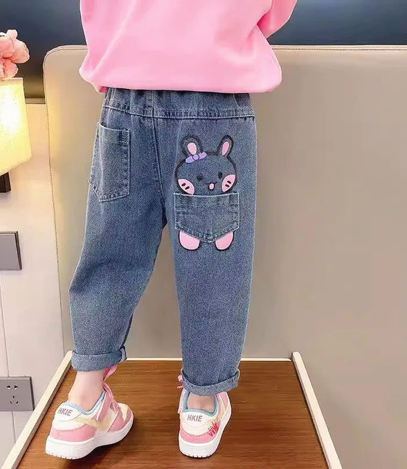 High Waist Jeans Girl Straight Loose Long Pants Spring and Autumn Print Jeans Fashion Kids Denim Trousers For 2-8 Years