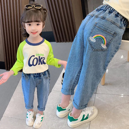 High Waist Jeans Girl Straight Loose Long Pants Spring and Autumn Print Jeans Fashion Kids Denim Trousers For 2-8 Years