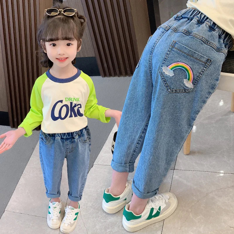 High Waist Jeans Girl Straight Loose Long Pants Spring and Autumn Print Jeans Fashion Kids Denim Trousers For 2-8 Years