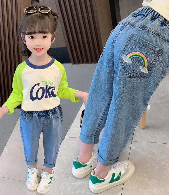 High Waist Jeans Girl Straight Loose Long Pants Spring and Autumn Print Jeans Fashion Kids Denim Trousers For 2-8 Years