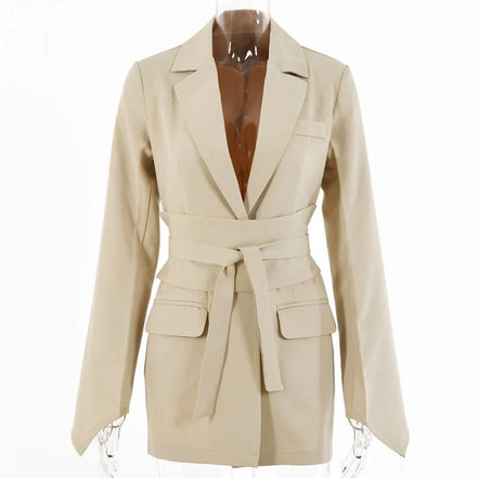 Elegant Trousers Suit Women Slim V-neck Pockets Blazer Full Sleeve Belt Straight Pants Sets Female Solid Sets Lady Spring Autumn