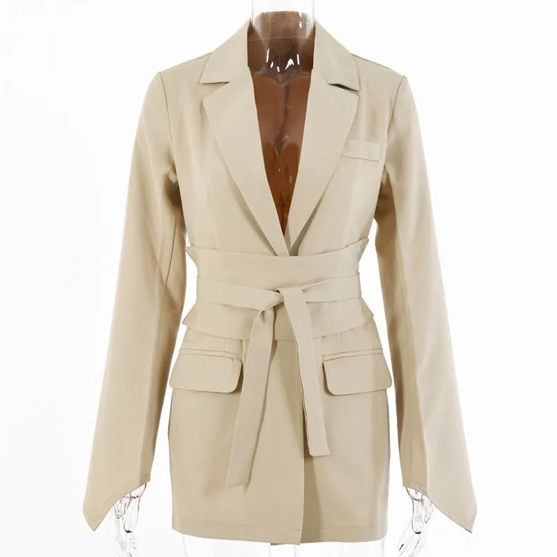 Elegant Trousers Suit Women Slim V-neck Pockets Blazer Full Sleeve Belt Straight Pants Sets Female Solid Sets Lady Spring Autumn