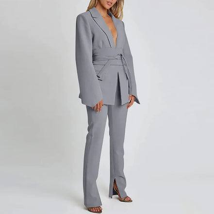 Elegant Trousers Suit Women Slim V-neck Pockets Blazer Full Sleeve Belt Straight Pants Sets Female Solid Sets Lady Spring Autumn