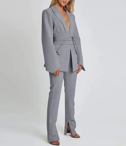 Elegant Trousers Suit Women Slim V-neck Pockets Blazer Full Sleeve Belt Straight Pants Sets Female Solid Sets Lady Spring Autumn