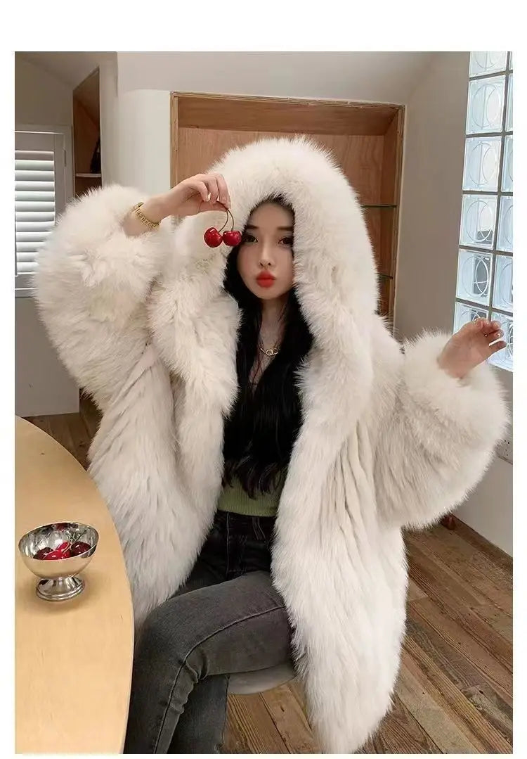 Imitation fox fur women's 2024 winter new style hooded loose slimming fur coat trendy street internet celebrity same style