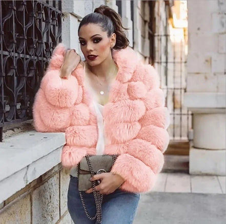 Women Faux Fur Fox Coats Short Coat Stand Collar Slim Fit Full Sleeve Elegant Splice Autumn Winter Thick Warm Open Stitch
