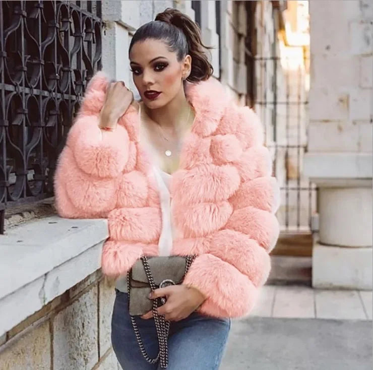 Women Faux Fur Fox Coats Short Coat Stand Collar Slim Fit Full Sleeve Elegant Splice Autumn Winter Thick Warm Open Stitch