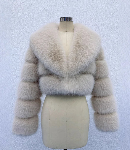 Faux Fox Fur Coat Women Short Jacket Turn Down Collar Long Sleeves Thick Slim Y2k Casual Jackets Office Lady 2025 Autumn Winter