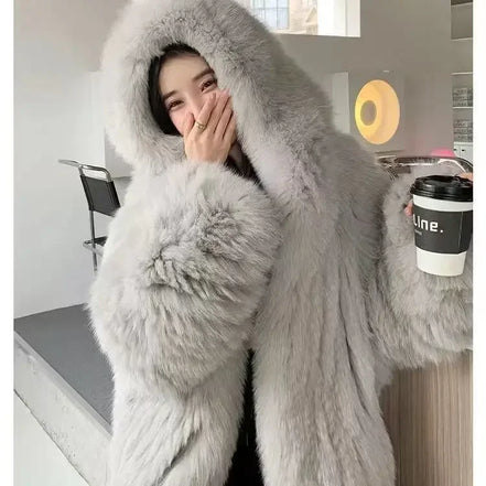 Imitation fox fur women's 2024 winter new style hooded loose slimming fur coat trendy street internet celebrity same style