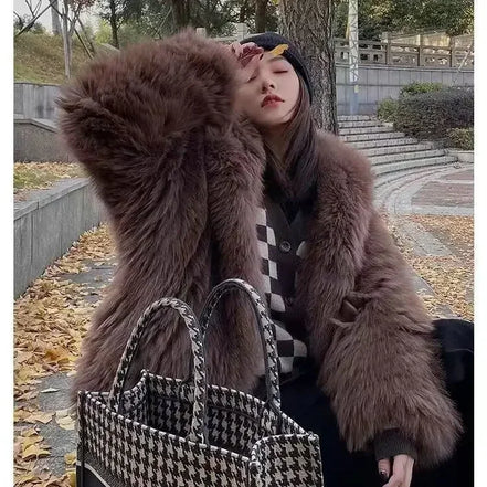 Imitation fox fur women's 2024 winter new style hooded loose slimming fur coat trendy street internet celebrity same style