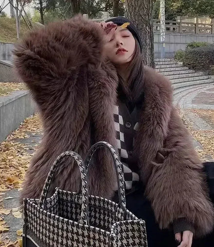 Imitation fox fur women's 2024 winter new style hooded loose slimming fur coat trendy street internet celebrity same style