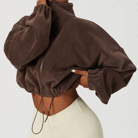 Women Loose Cropped Jacket Loose Zipper Sweatshirt Y2k Long Sleeve Coat Cardigan Sportswear Streetwear Drawstring Tops Clothing