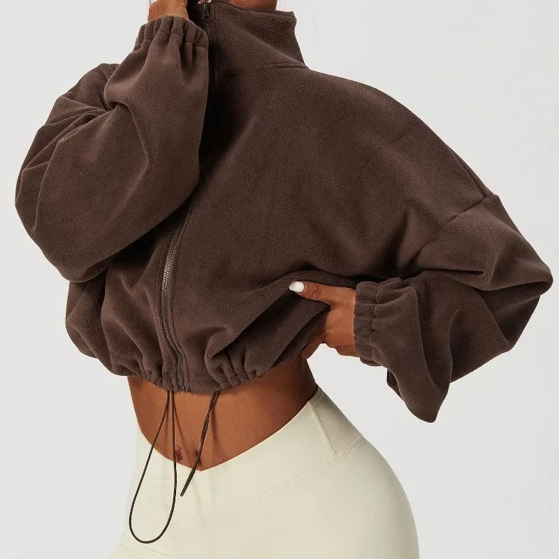 Women Loose Cropped Jacket Loose Zipper Sweatshirt Y2k Long Sleeve Coat Cardigan Sportswear Streetwear Drawstring Tops Clothing