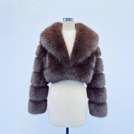 Faux Fox Fur Coat Women Short Jacket Turn Down Collar Long Sleeves Thick Slim Y2k Casual Jackets Office Lady 2025 Autumn Winter