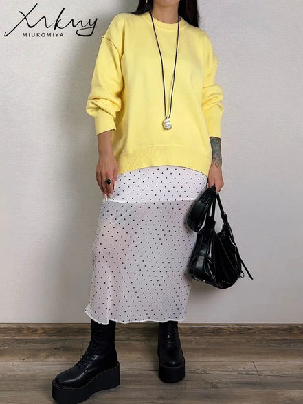 Oversized Fall Yellow Sweaters For Women 2025 Brown Crewneck Sweater Top Ladies Office Warm Knitted Woman Pullovers Winter Grey