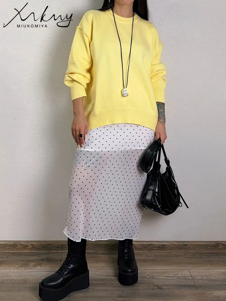 Oversized Fall Yellow Sweaters For Women 2025 Brown Crewneck Sweater Top Ladies Office Warm Knitted Woman Pullovers Winter Grey